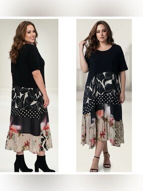 Alembika Women Sz XL Black Mixed-Print Tiered asymmetric Pullover Midi Dress